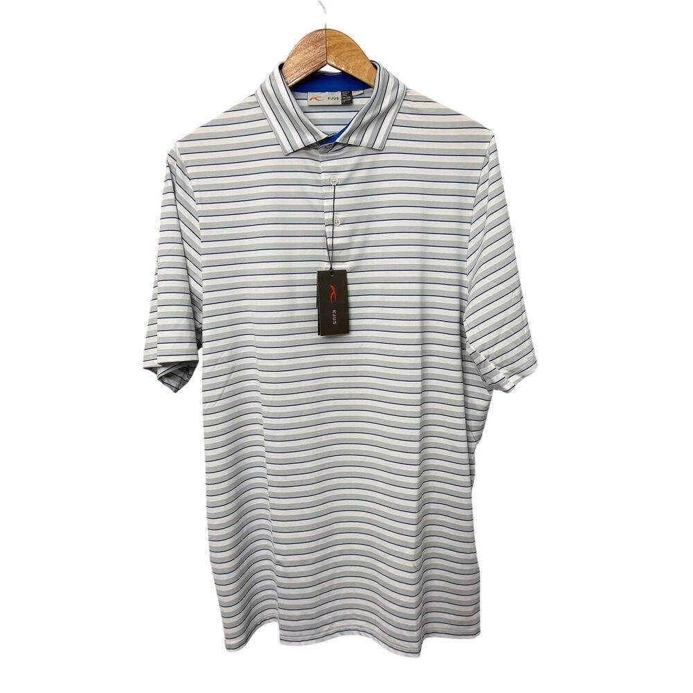 KJUS Polo Shirt Mens 2XL 56 Soren Gray White Striped Golf Comfort Fit UPF 50+